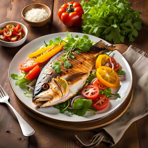 Pescado Frito with Rice and Colorful Salad Rustic Culinary Composition