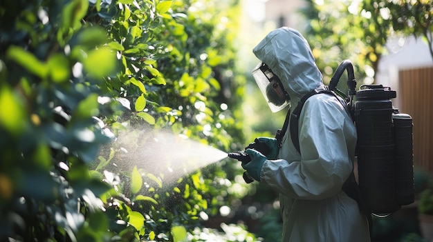 Photo a pest control technician in a protective suit is spraying a pesticide on a bush symbolizing p