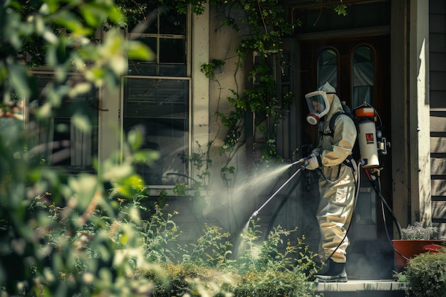 Pest Control Worker in Protective Gear Spraying a House