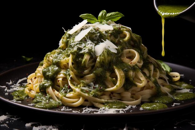 Photo pesto drizzled over al dente pasta