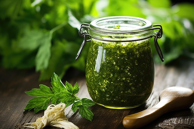 Pesto in glass jar with rustic background