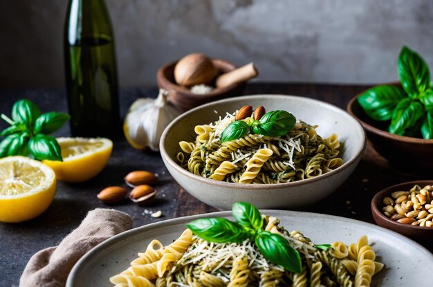 Photo pesto pasta with pine nuts fresh basil and parmesan cheese