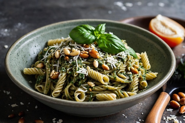 Photo pesto pasta with pine nuts fresh basil and parmesan cheese