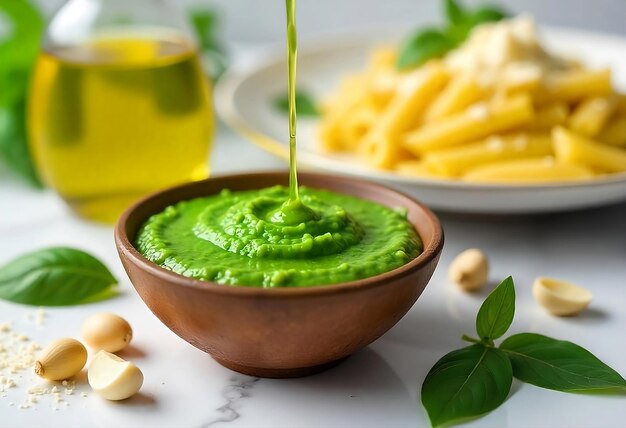 Photo pesto sauce being drizzled with olive oil