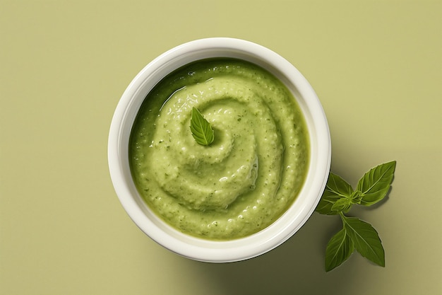 Pesto sauce in a ceramic bowl top view closeup