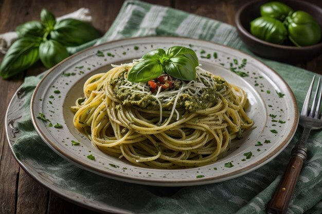 Pesto Spaghetti with Fresh Basil and Tomatoes