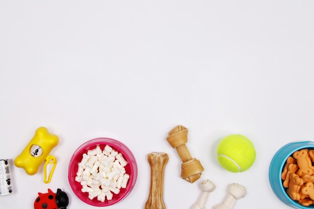 Pet accessories, food and toy on white background. Flat lay. Top view.