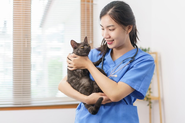 Pet care concept Female veterinary playing and hugging cute cat after examining health cat