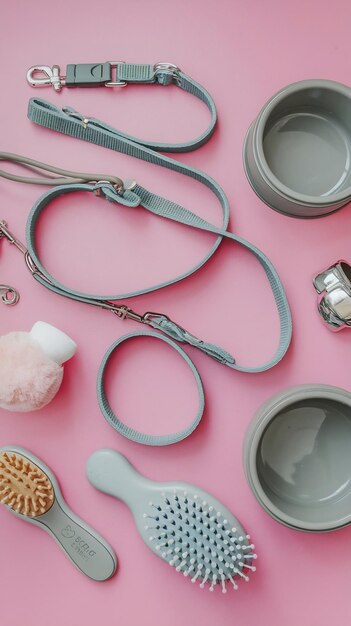 Photo pet care concept various pet accessories and tools on pink background flat lay