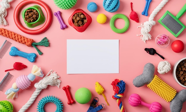 Pet care concept various pet accessories and tools on pink background with blank paper flat lay