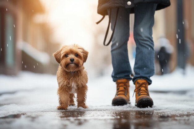 Pet care dog walking with unrecognizable owner in city street crosswalk AI Generated