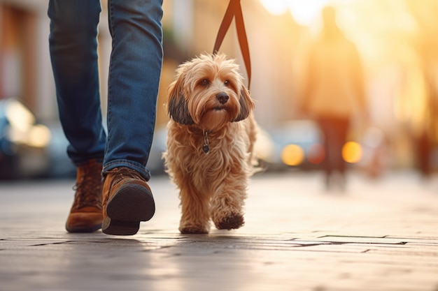 Pet care dog walking with unrecognizable owner in city street crosswalk AI Generated