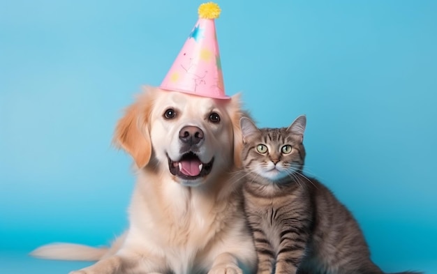 Pet cat and dog in a birthday cap wearing a hat on a blue background Generative AI