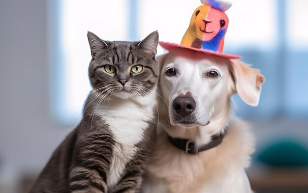 Pet cat and dog in a birthday cap wearing a hat in a home interior Generative AI