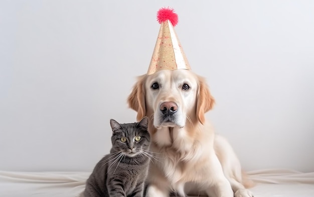 Pet cat and dog in a birthday cap wearing a hat isolated on white background generative ai