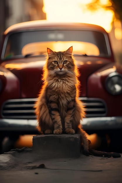 Pet Cat Sitting On Car In City