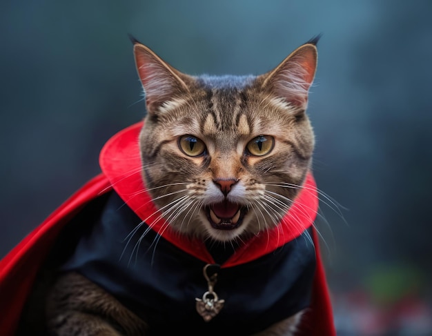 Pet costume funny cat in Dracula clothes International Vampire Day concept Dracula Halloween