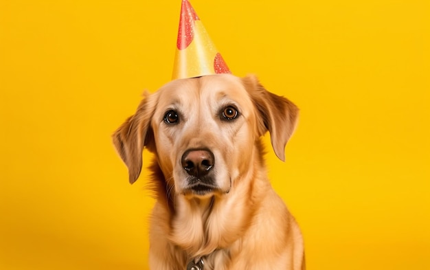 Pet dog in a birthday cap wearing a hat on a yellow background generative ai