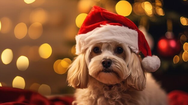 pet dog wearing a Santa hat and sitting obediently in front of a Christmas tree