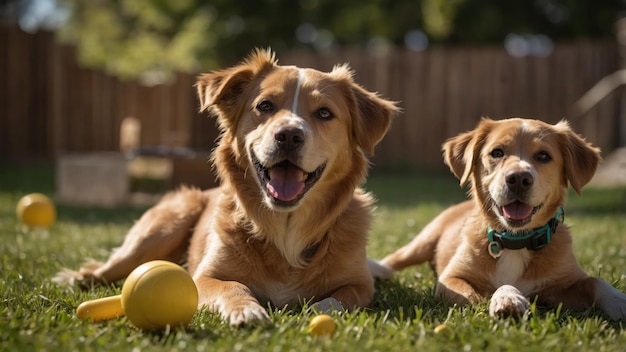 Pet Dogs Playing in a Sunlit Backyard with Toys