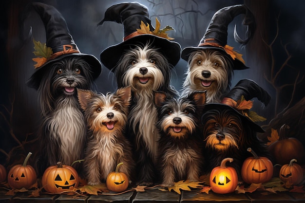 Pet Dogs in Whimsical Halloween Costumes Created with Generative AI