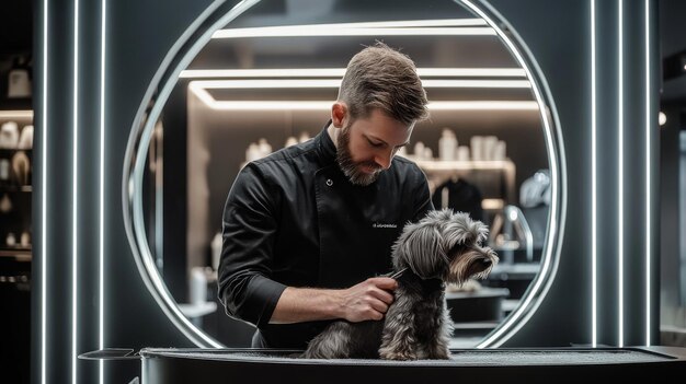 Photo pet groomer giving a schnauzer a stylish haircut