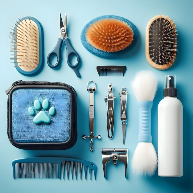 Photo a pet grooming kit complete with brushes combs and nail clippers allowing owners to maintain thei