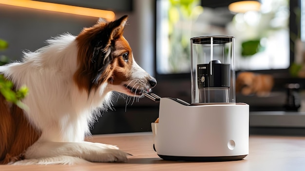 Photo pet interacting with smart feeder and monitoring pet care technology