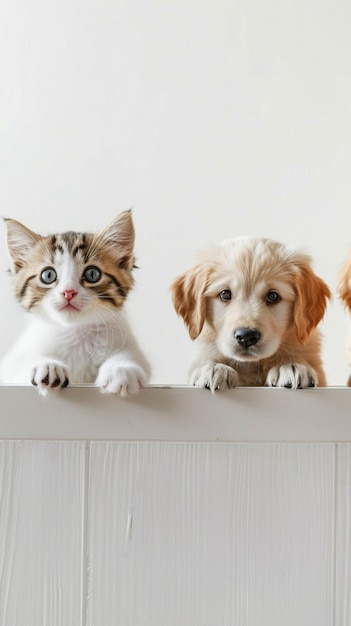 Pet kitten and puppy peeking over the edge