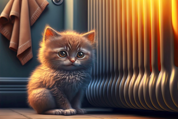 Pet little cute kitten on heating radiator sits and warms up