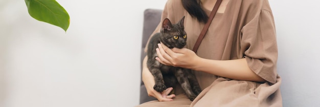 Pet lover concept Young Asian woman sitting sofa on floor and hugging cat in living room at home