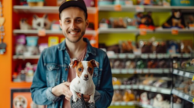 Photo pet owner holding up pet in a pet store