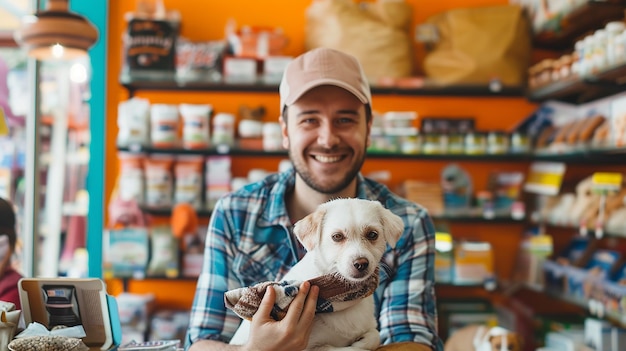 Photo pet owner in pet store holding up product