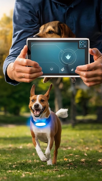 Photo pet owner securely holds tablet advanced gps tracker locates beloved dog with gps collar