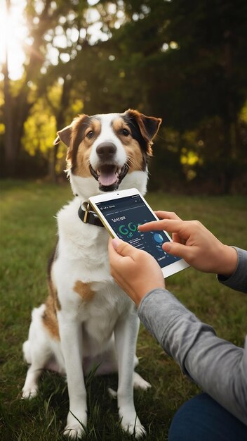 Photo pet owner securely holds tablet advanced gps tracker locates beloved dog with gps collar