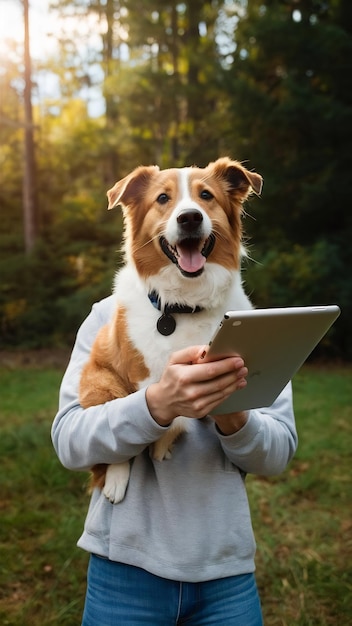 Photo pet owner securely holds tablet advanced gps tracker locates beloved dog with gps collar