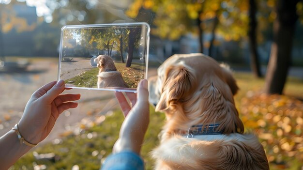 Photo pet owner using augmented reality to locate their smart pet tracker