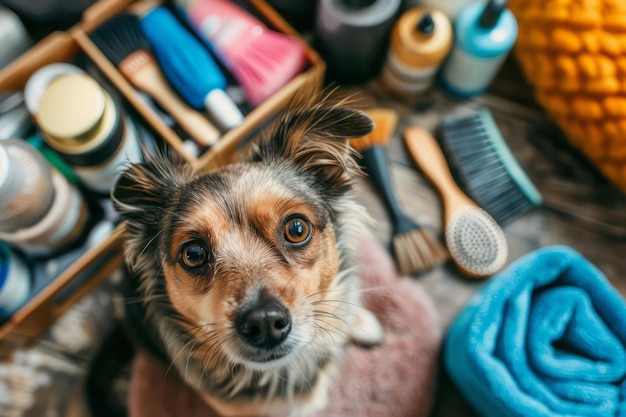 Photo pet parent grooming their dog with brushes and grooming tools neatly arranged