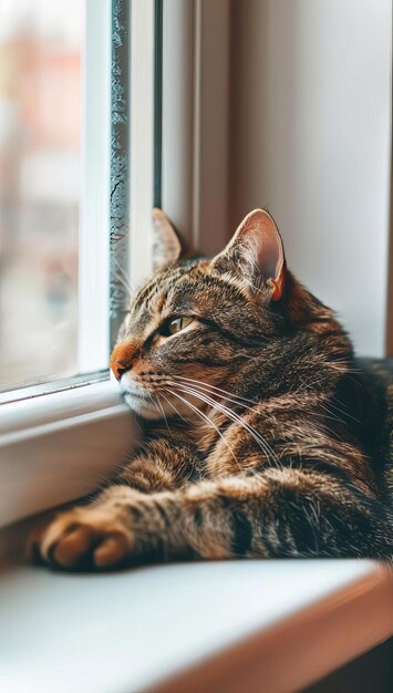 Pet photography cat lounging on a windowsill background daylight cute style space for text right