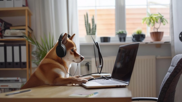 Photo pet shiba inu sits at desk with headphones working from home ai generative