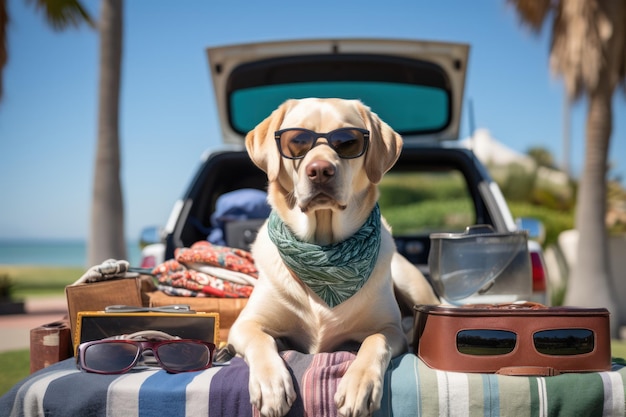 PET Sitting in Car Trunk Ready for a Vacation Trip Generative ai