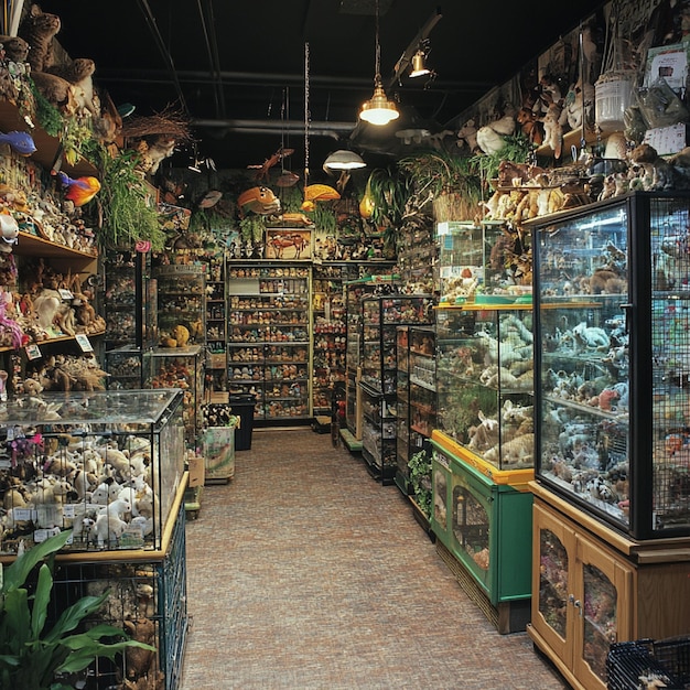 A pet store with various pet supplies and animals in their enclosures