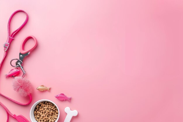 Photo pet supplies bowl of kibble grooming tools and pastel pink background flat lay top view copy space