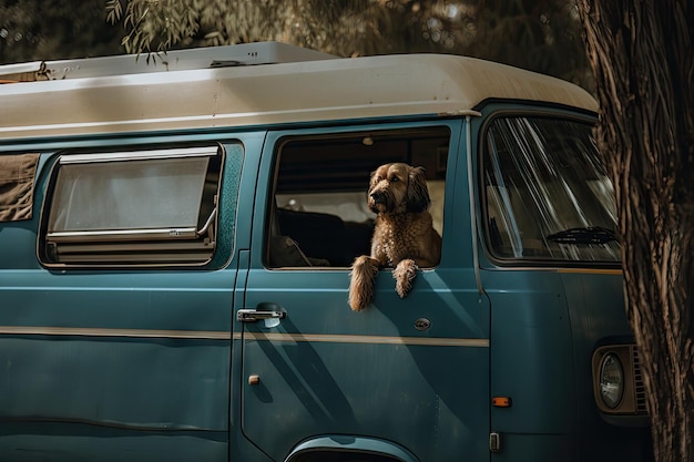 Pet van with dog sitting on the seat and sticking its head out of window created with generative ai