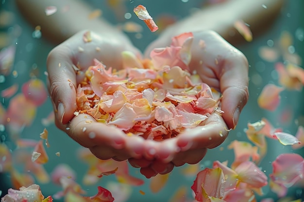 petal flowers confetti falling from a bright blue sky on an autumn or spring professional photography