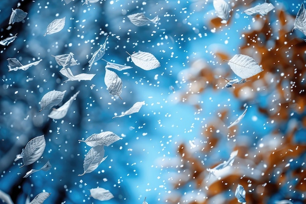 petal flowers confetti falling from a bright blue sky on an autumn or spring professional photography