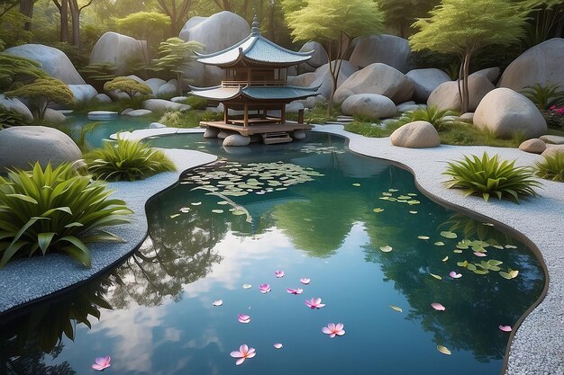 Petal Serenity on Calm Water in Zen Garden