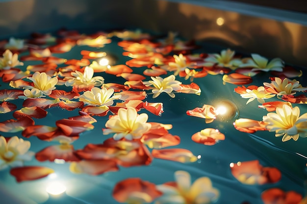 Petals and flowers floating on tranquil water with a warm light