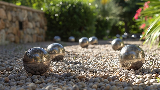 A Petanque set with metal balls and cochonnet on gravel