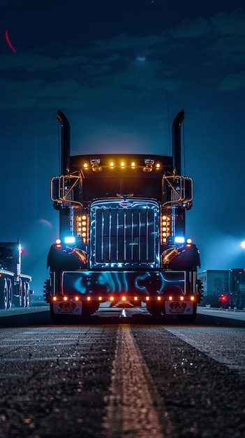 Peterbilt semi truck front view at night time